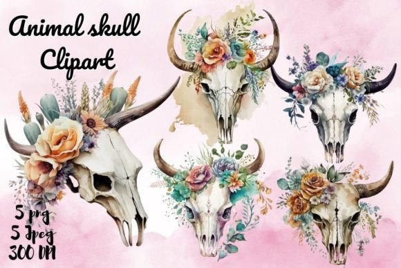 Colorful Animal Skull Watercolor Clipart: A Designer's Bold Asset